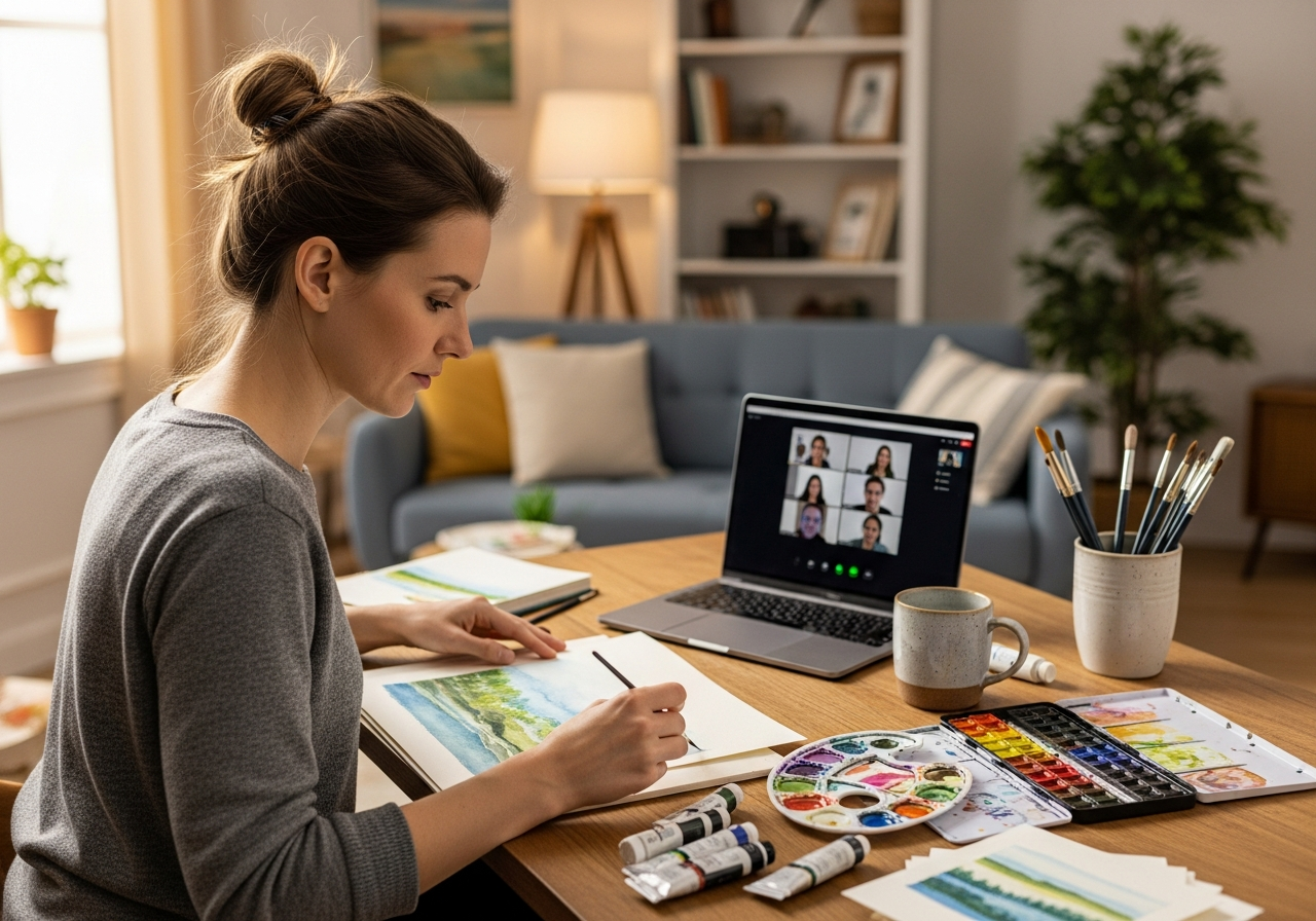 Занятие акварелью дома